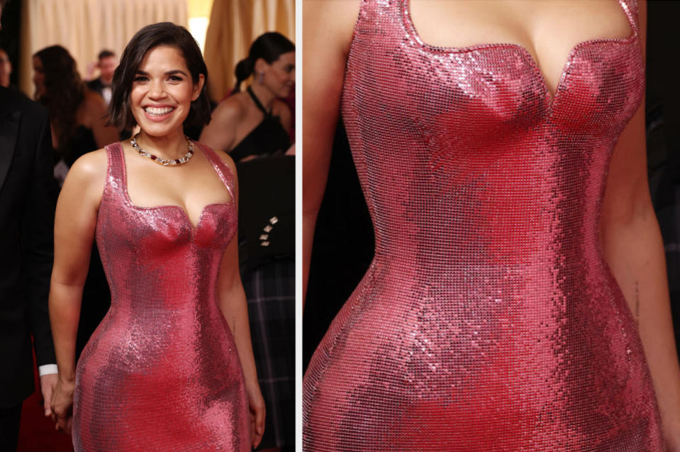 America Ferrera wearing a sparkling sleeveless gown with a V-neckline on the red carpet