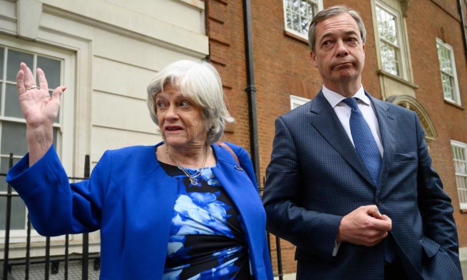 Ann Widdecombe joins Nigel Farage for a presscall after her defection to the latter’s Brexit party.