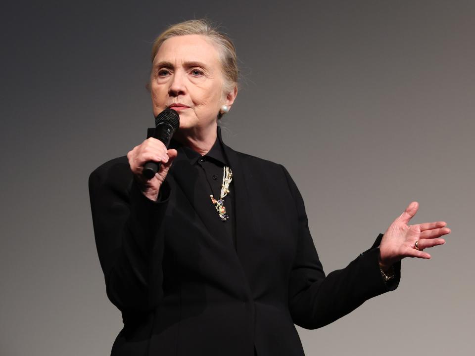 Executive Producer Hillary Rodham Clinton speaks on stage during "Below The Belt" New York Premiere at Museum of Modern Art on May 24, 2022 in New York City.