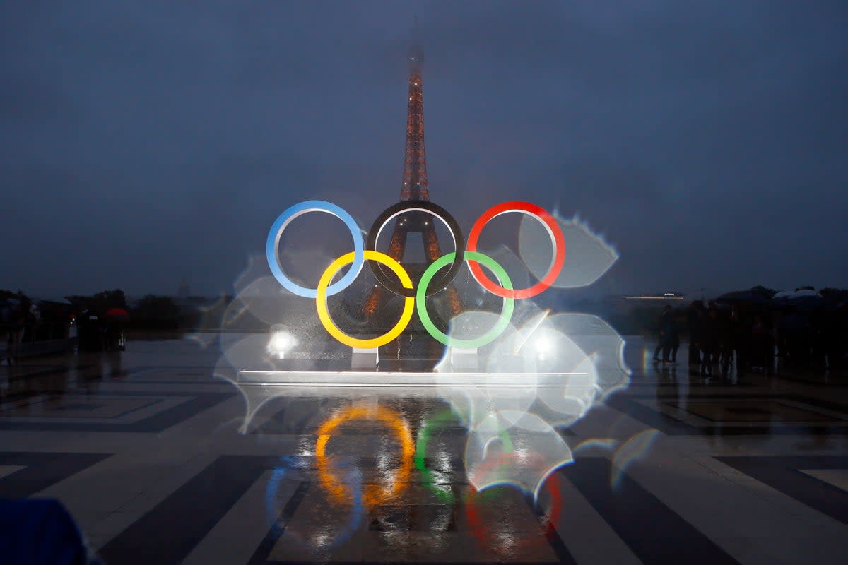 Olympic rings on Trocadero plaza that overlooks the Eiffel Tower (AP)