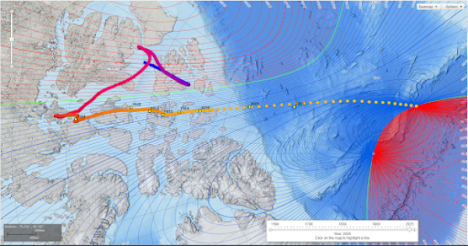The north magnetic pole’s observed locations from 1831–2007 are yellow squares. Modeled pole locations from 1590–2025 are circles progressing from blue to yellow. <a href="https://www.ncei.noaa.gov/products/wandering-geomagnetic-poles" rel="nofollow noopener" target="_blank" data-ylk="slk:National Centers for Environmental Information;elm:context_link;itc:0;sec:content-canvas" class="link ">National Centers for Environmental Information</a>