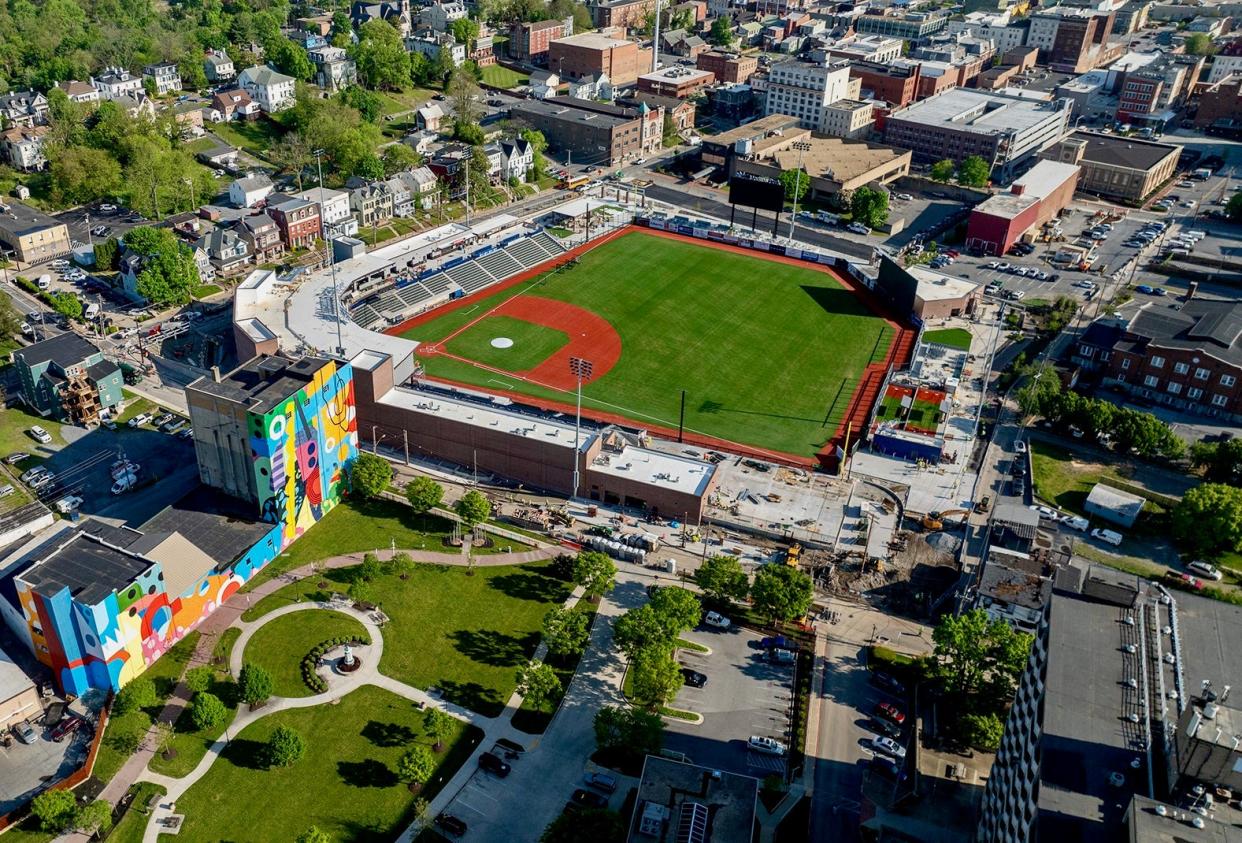 This aerial photo shows the new Meritus Park with part of the Cultural Trail visible in the foreground.