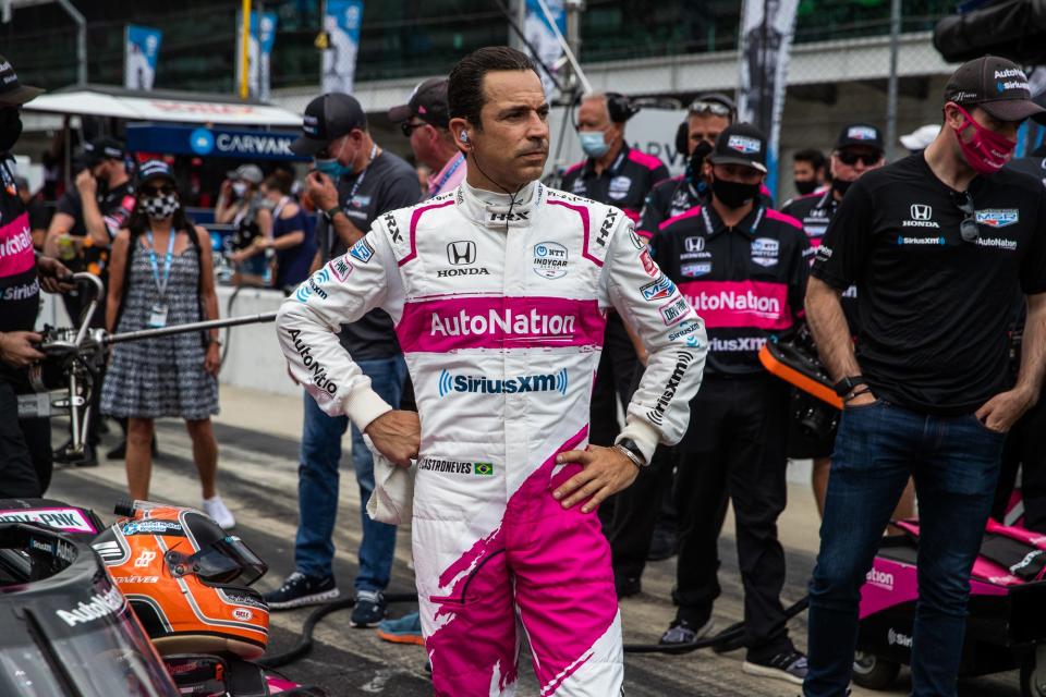 Helio Castroneves waits for his initial qualifying run for the 2021 Indy 500 on May 22.