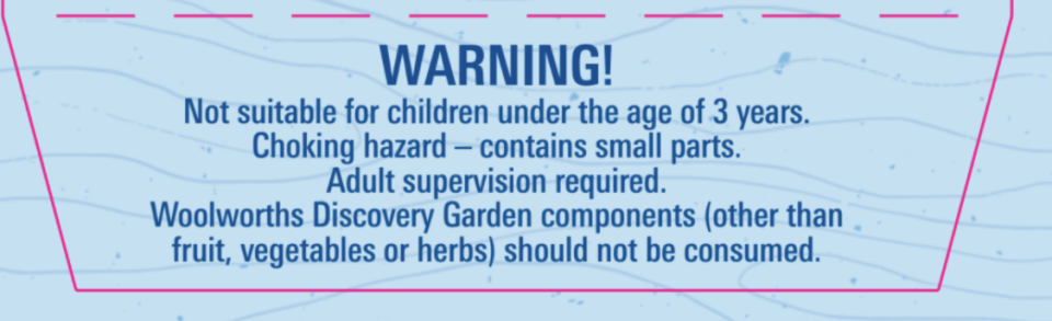 The warning which can be found on Woolworths Discovery Garden seedlings which says they should not be consumed. Source: Woolworths