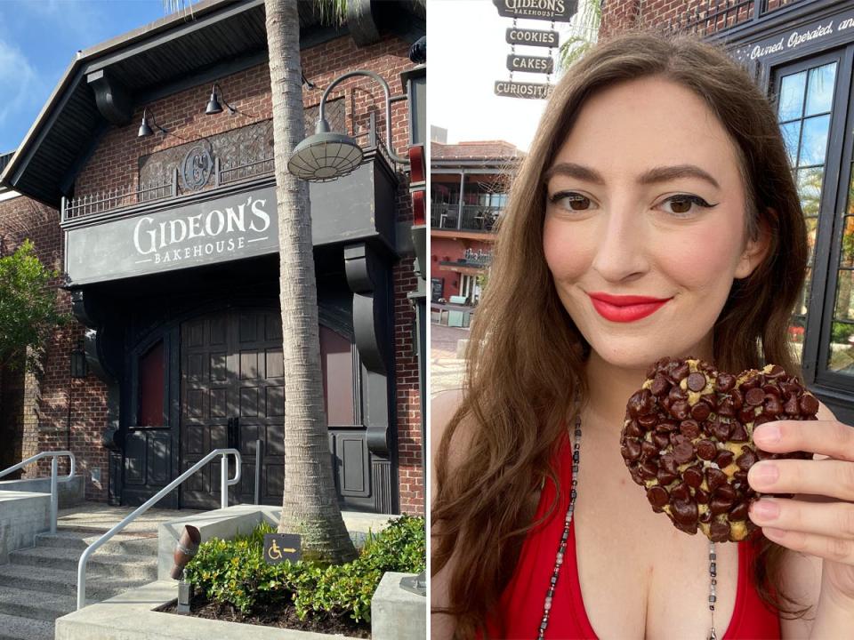 Gideon's Bakehouse (left) and reporter Amanda Krause with a cookie (right).