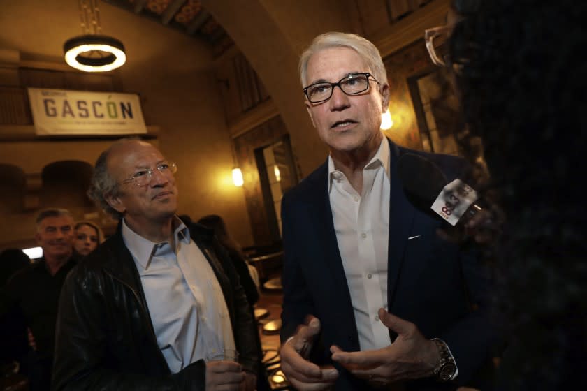 LOS ANGELES, CALIFORNIA-MARCH 3, 2020-LA District Attorney candidate George Gascon speaks to media at Union Station for the election results on March 3, 2020. Gascon is the former District Attorney of San Francisco. Jamarrah Hayner (646-262-8044), she's the campaign manager. (Carolyn Cole/Los Angeles Times)
