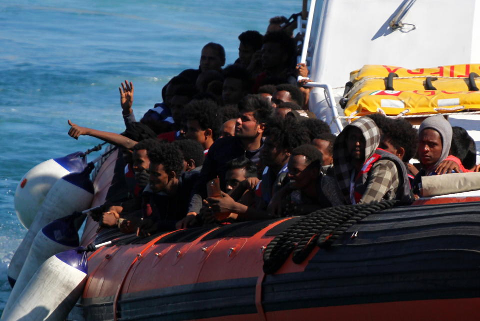 Migrants packed on a boat arriving on the southern Italian island of Lampedusa.