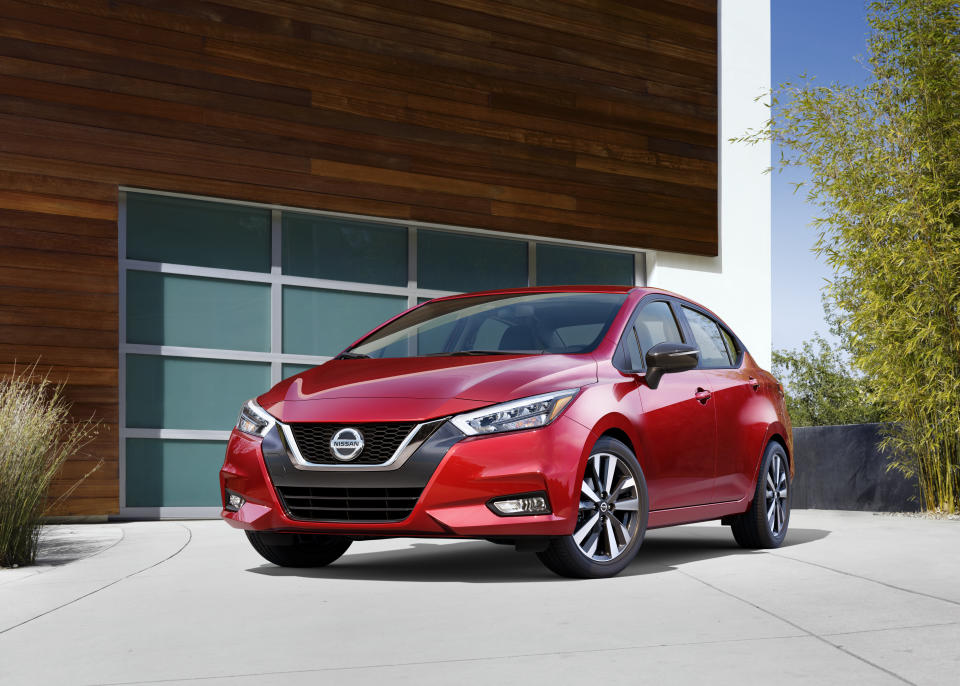 This photo provided by Nissan shows the 2020 Nissan Versa, a small sedan that has been recently redesigned and is a far better vehicle than the model it replaces. With the rampant popularity of SUVs, small, cheap cars are riding off into the sunset. If you need an efficient and low-priced vehicle, we suggest getting one of these sub-$25,000 models now before they’re gone for good. (Nissan North America via AP)