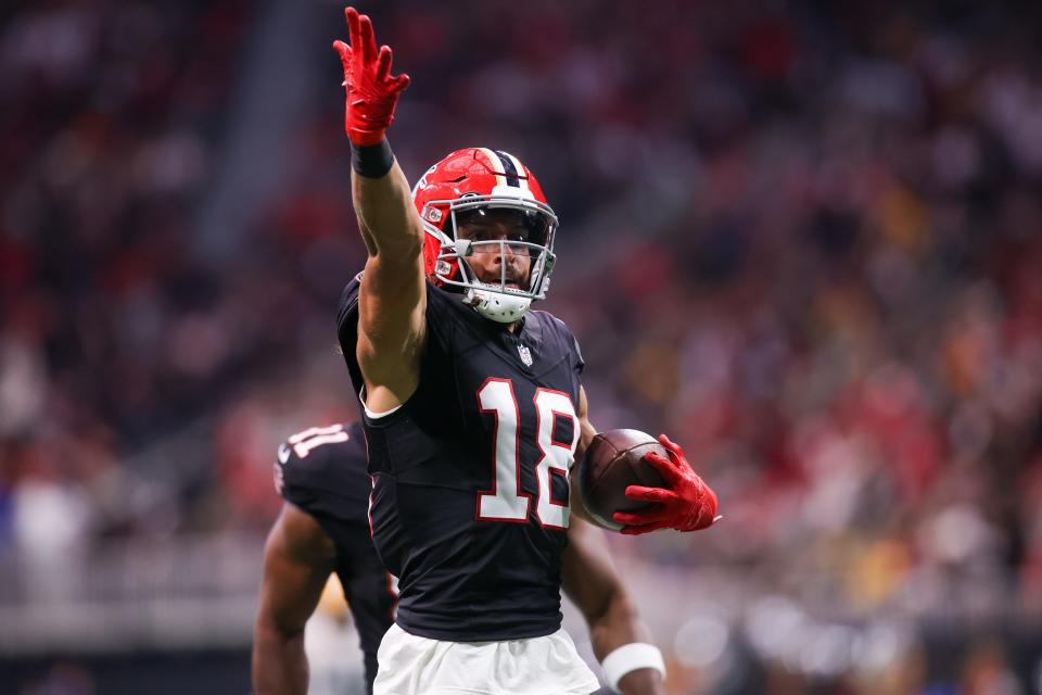 Atlanta Falcons wide receiver Mack Hollins reacts after a catch against the Green Bay Packers.