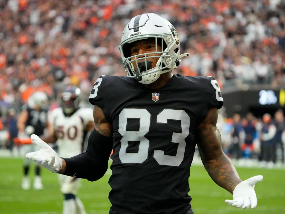 Darren Waller reacts during a game against the Denver Broncos.