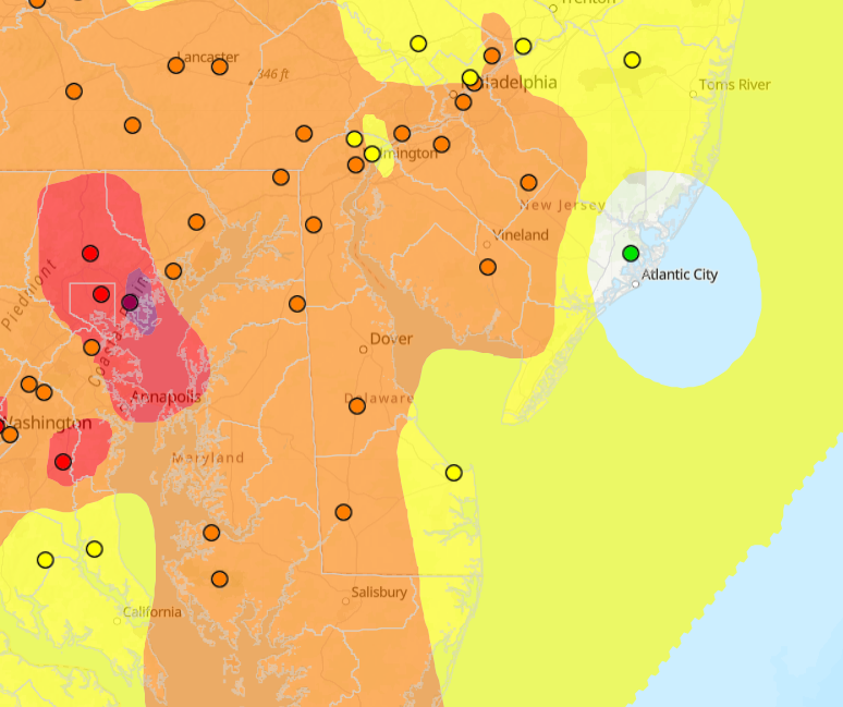 A map of the ozone pollution levels in Delaware from June 29 on the EPA's AirNow interactive website.