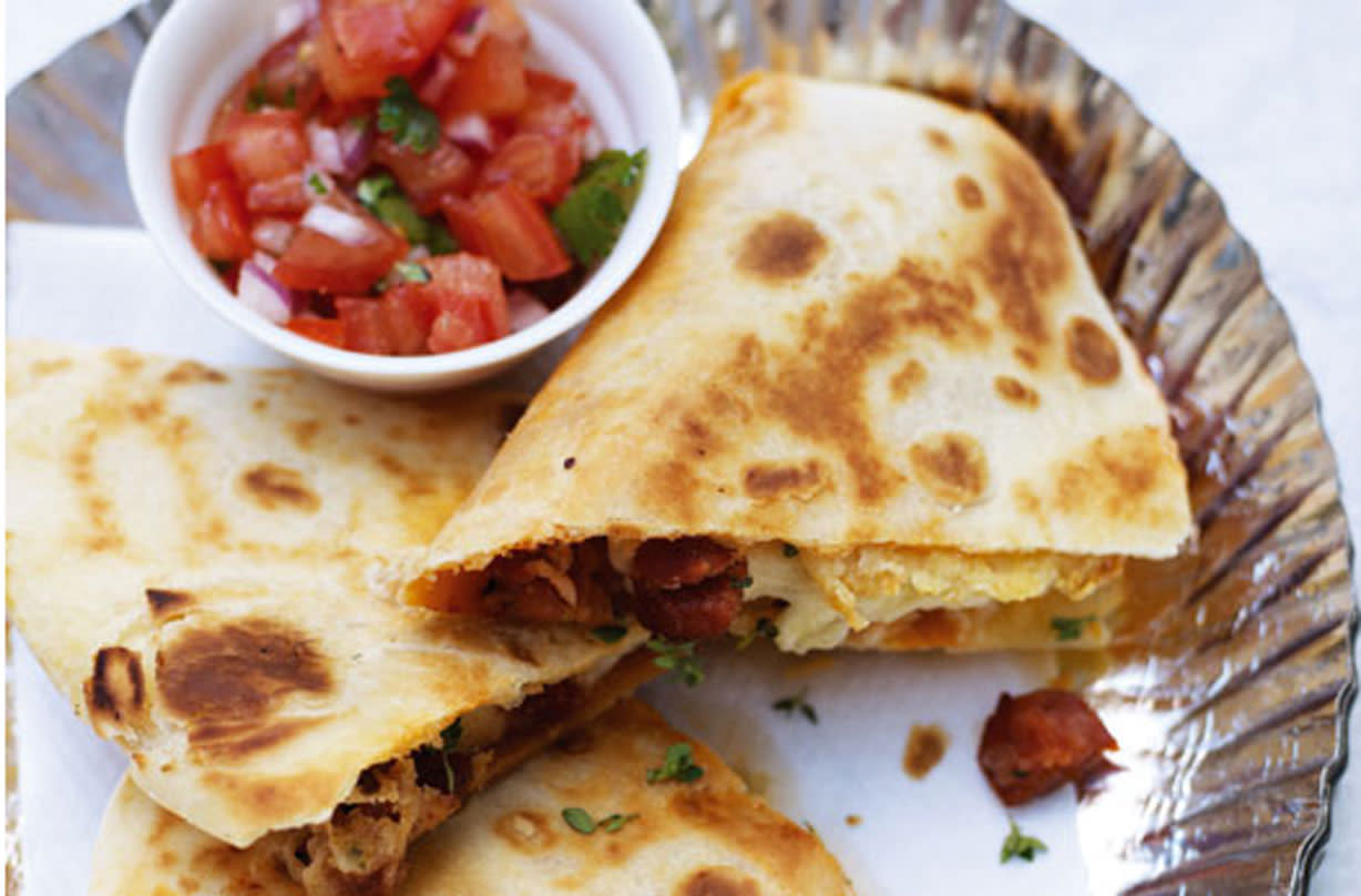  One of our favourite camping recipes; chorizo, potato and thyme quesadillas 