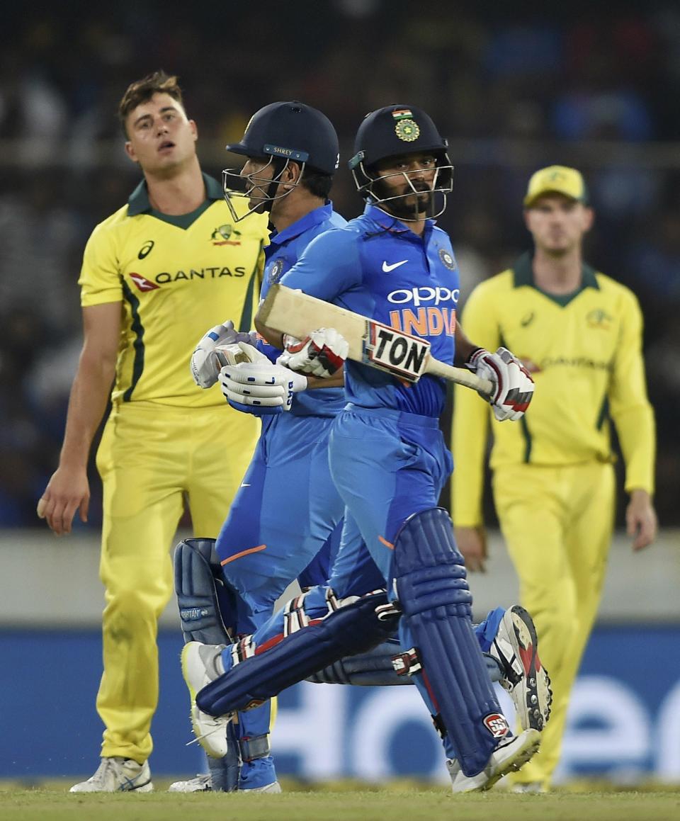 Hyderabad: Indian cricketer MS Dhoni and Kedar Jadhav on the first One Day International (ODI) series cricket match between India and Australia at Rajiv Gandhi International Cricket Stadium, in Hyderabad, on Saturday, March 2, 2019. (PTI Photo/R Senthil Kumar) (PTI3_2_2019_000211A)