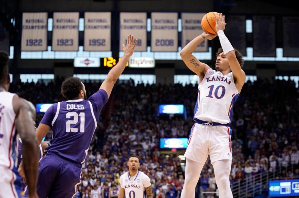 Kansas forward Jalen Wilson (10) is averaging 21.4 points and 8.6 rebounds per game this season but has averaged 30.3 points in his most recent three games.