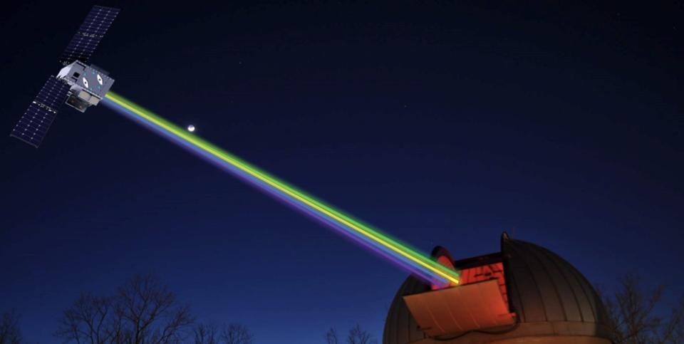illustration of Landalt satellite firing lasers at an observatory on Earth