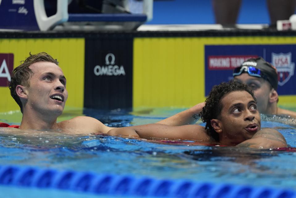Shaine Casas and Carson Foster celebrate after the Men's 200 individual medley finals Friday, June 21, 2024, at the US Swimming Olympic Trials in Indianapolis. (AP Photo/Michael Conroy)