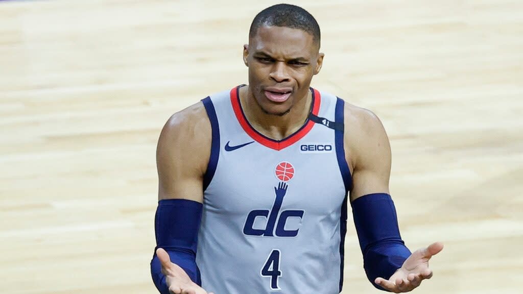 Russell Westbrook of the Washington Wizards reacts to a call during the fourth quarter against the Philadelphia 76ers during Game Two of the Eastern Conference first round series at Wells Fargo Center Wednesday in Philly. (Photo by Tim Nwachukwu/Getty Images)