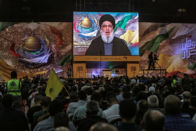 Pro-Iranian Hezbollah Secretary General Hassan Nasrallah gives a televised speech during a ceremony to mark al-Quds International Day in Beirut's southern suburb. Marwan Naamani/dpa