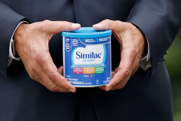 PHOTO: In this May 12, 2022, file photo, a House member holds a can of Similac infant formula during a news conference about the shortage of baby formula outside the US Capitol in Washington, D.C. (Bloomberg via Getty Images, FILE)