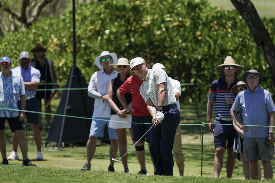 Cameron Champ, of the United States, hits to the sixth hole during the third round of the Mexico Open at Vidanta in Puerto Vallarta, Mexico, Saturday, April 30, 2022. (AP Photo/Eduardo Verdugo)