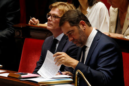 French Minister for the Relations with Parliament Marc Fesneau and Christophe Castaner, newly-named French Interior Minister, attend a questions to the government session at the National Assembly in Paris, France, October 16, 2018. REUTERS/Pascal Rossignol