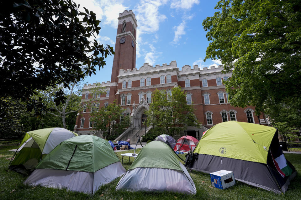 Pro-Palestinian supporters continue their encampment protest on Vanderbilt University campus Friday, May 3, 2024, in Nashville, Tenn. (AP Photo/George Walker IV)