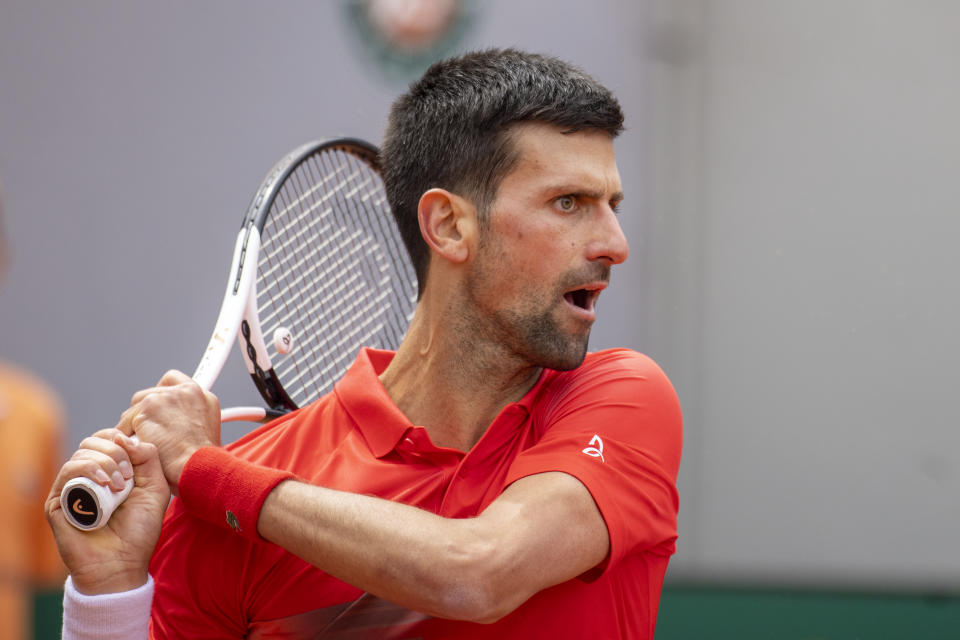 PARIS, FRANCE May 29. Novak Djokovic of Serbia in action against Diego Schwartzman of Argentina on Court Suzanne Lenglen during the singles fourth round match at the 2022 French Open Tennis Tournament at Roland Garros on May 29th 2022 in Paris, France. (Photo by Tim Clayton/Corbis via Getty Images)