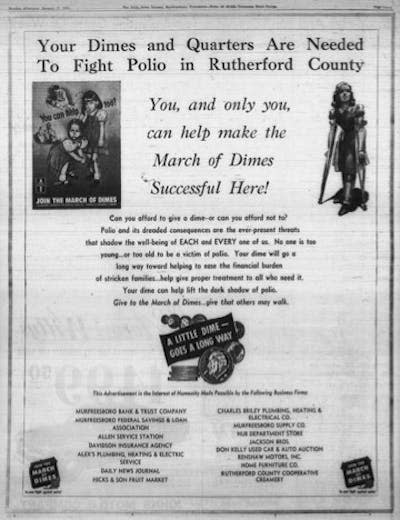 Full page ads like this one from 1953 solicited funds to help polio patients. March of Dimes