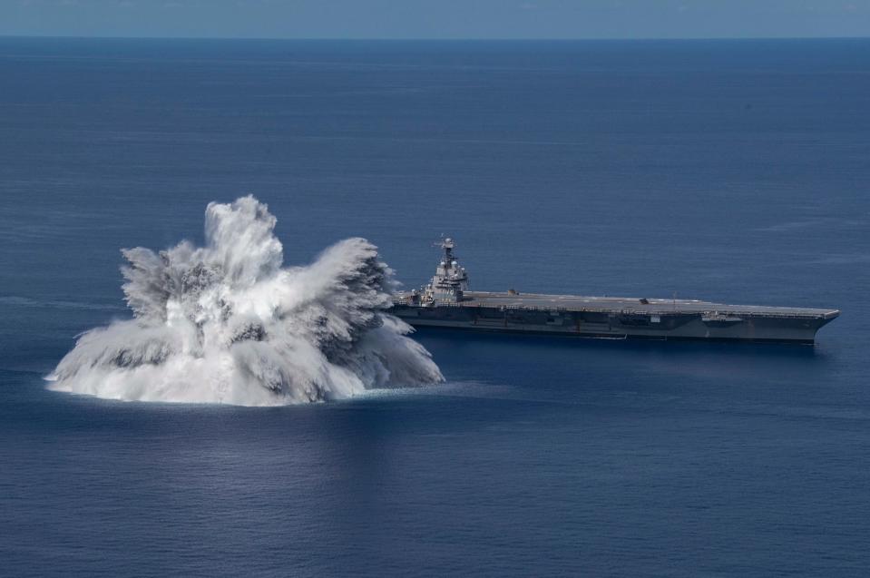 A navy statement Sunday said the 40,000-pound (18,143-kilo) explosion was triggered as part of work to evaluate the aircraft carrier, USS Gerald R. Ford’s battle readiness (US NAVY/AFP via Getty Images)
