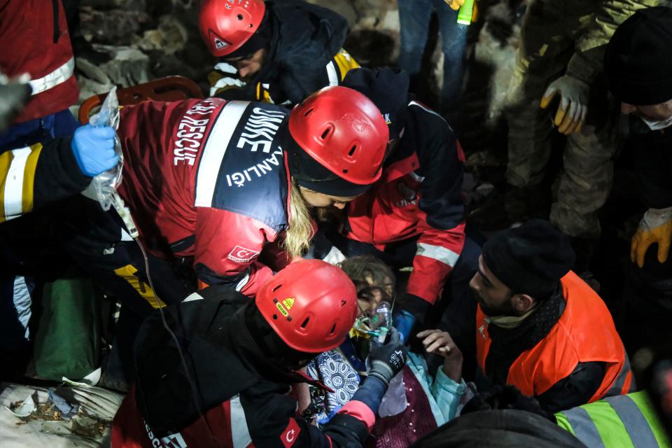 Fatma Kazan, 35, evacuated from her ruined house around 100 hour after the earthquake in Kullar Village on  Feb. 10, 2023, in Elbistan, Turkey. (Photo by Mehmet Kacmaz/Getty Images)