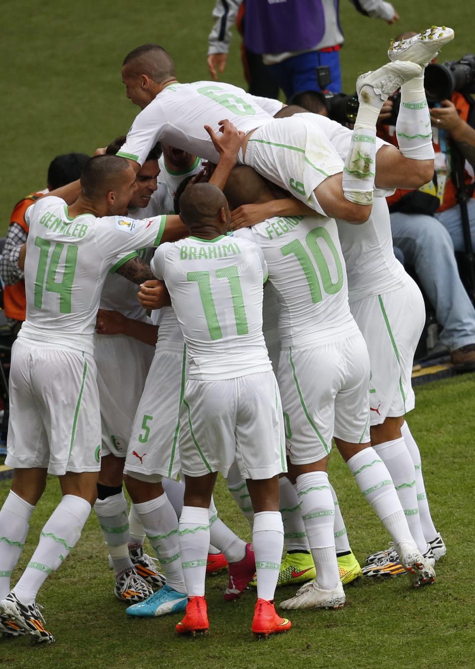 Algeria's Djamel Mesbah (top) celebrates with teammates after the second goal during their 2014 World Cup Group H soccer match against South Korea at the Beira Rio stadium in Porto Alegre June 22, 2014. REUTERS/Marko Djurica