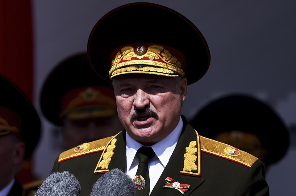 FILE - In this Saturday, May 9, 2020 file photo, Belarusian President Alexander Lukashenko gives a speech during a military parade that marked the 75th anniversary of the allied victory over Nazi Germany, in Minsk, Belarus. Lukashenko said Friday, June 19 that his government has thwarted plans to destabilize Belarus ahead of a presidential vote in August, a statement that follows the detention of his top challenger, Viktor Babariko, the former head of Russia-owned Belgazprombank.(Sergei Gapon/Pool via AP, File)