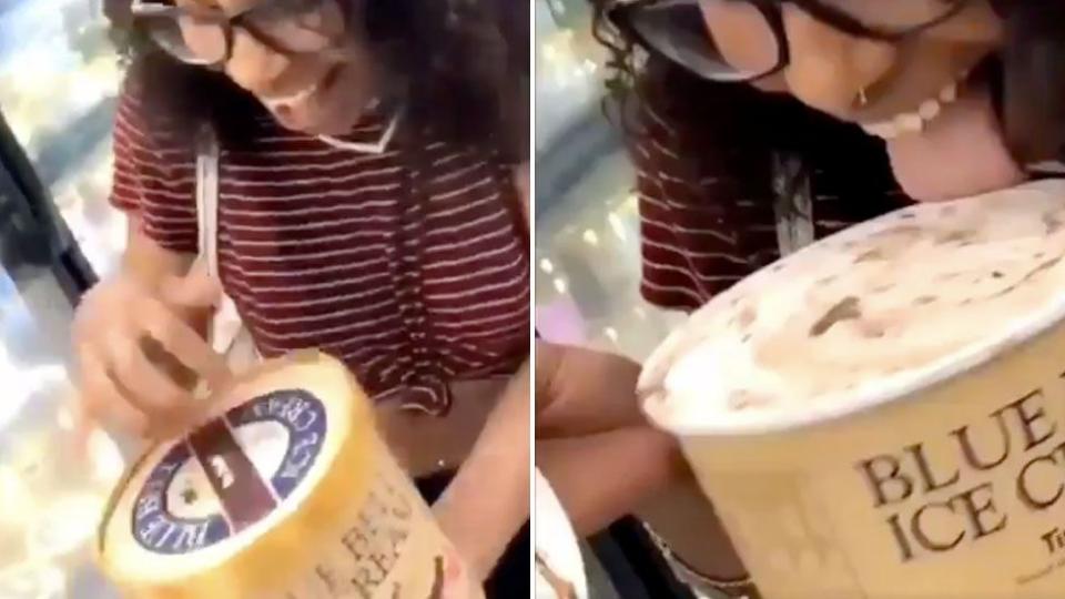 In a split photo a woman is seen removing the lid from the tub of ice cream (left) before licking it (right). 