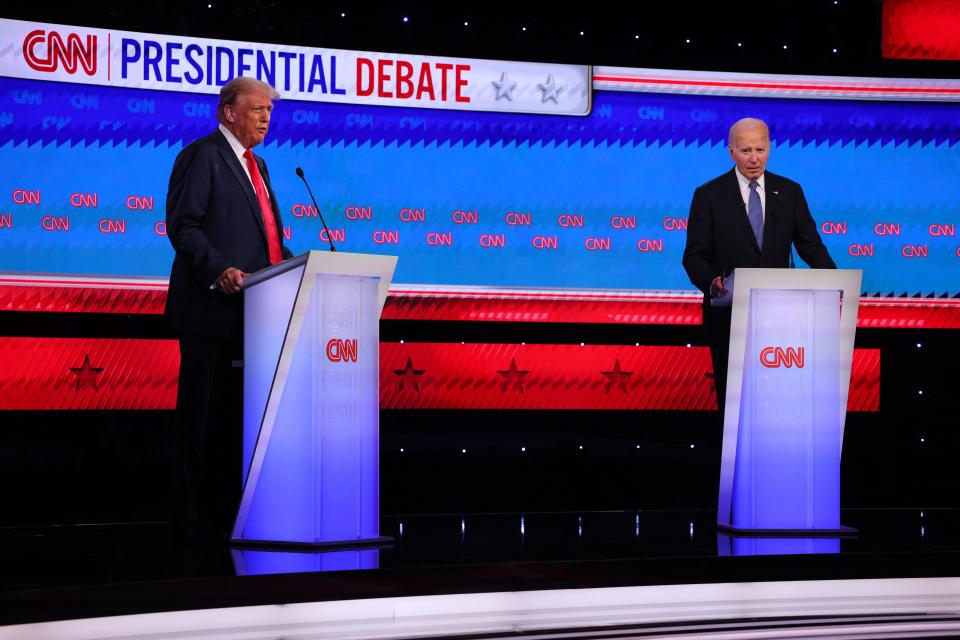 Democrat candidate, U.S. President Joe Biden, and Republican candidate, former U.S. President Donald Trump, attend a presidential debate in Atlanta, Georgia, U.S., June 27, 2024.