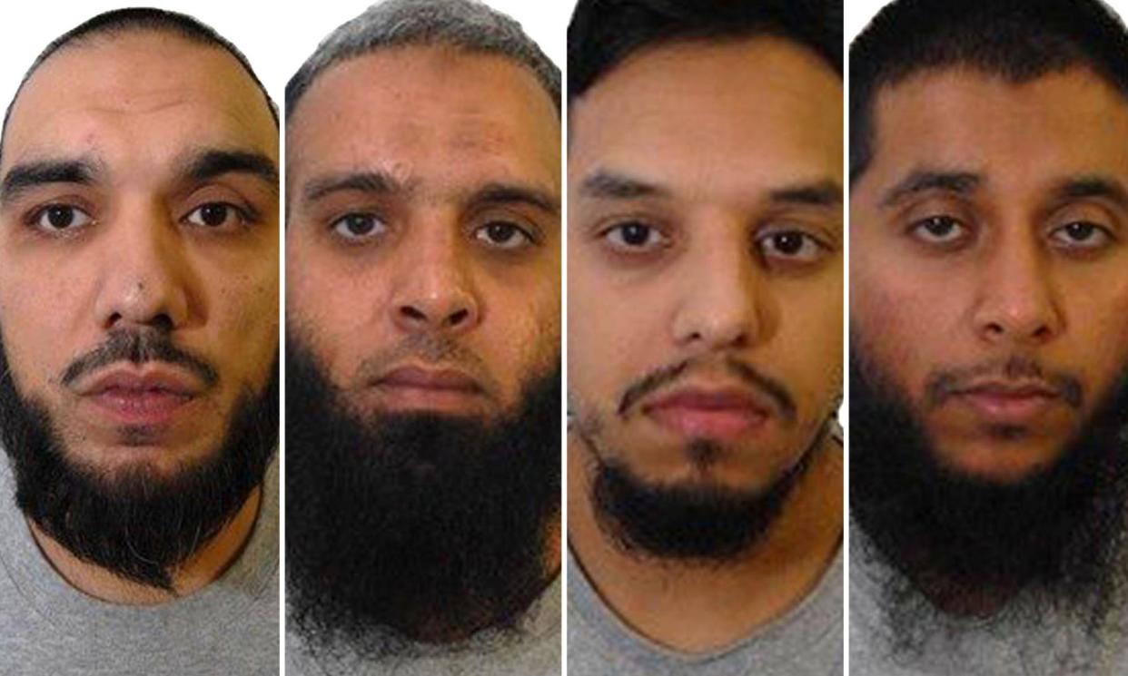 <span>Left to right: Tahir Aziz, Naweed Ali, Mohibur Rahman and Khobaib Hussain. The four men were found guilty of terror offences in 2017.</span><span>Composite: West Midlands police/PA</span>