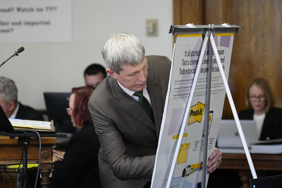 Eric Olson, attorney for the petitioners, draws a chart during a hearing for a lawsuit to keep former President Donald Trump off the state ballot in court Tuesday, Oct. 31, 2023, in Denver. (AP Photo/Jack Dempsey, Pool)