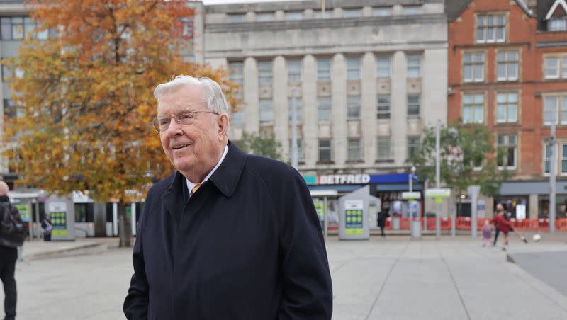 President M. Russell Ballard of The Church of Jesus Christ of Latter-day Saints, stands in Old Market Square in Nottingham, England on Thursday, Oct. 28, 2021 in the place where he preached as a young missionary in 1949. President Ballard has died at age 95.