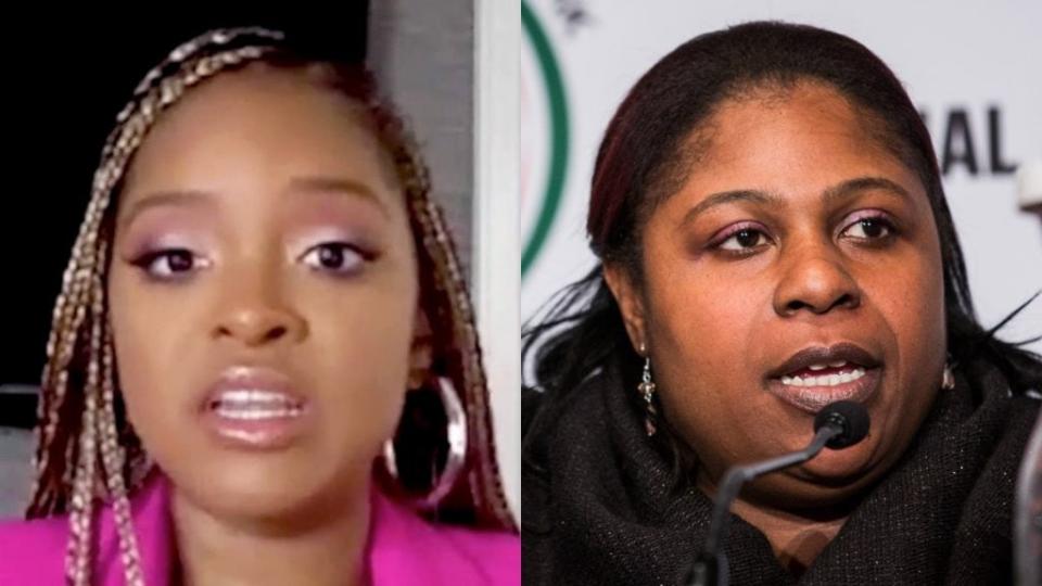 Activist-author Tamika Mallory (left) had a response on her podcast to recent criticism from Samaria Rice (right), the mother of police-shooting victim Tamir Rice. (Photos by Arturo Holmes/Getty Images The Recording Academy and Andrew Burton/Getty Images)