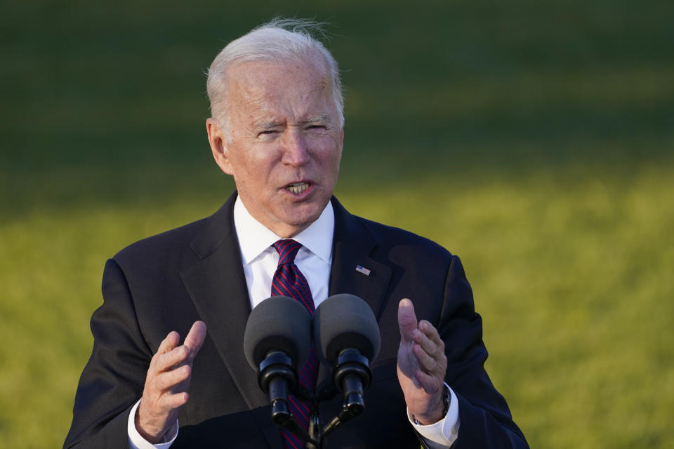 President Joe Biden speaks before signing the $1.2 trillion bipartisan infrastructure bill into law during a ceremony on the South Lawn of the White House in Washington, Monday, Nov. 15, 2021. (AP Photo/Susan Walsh)