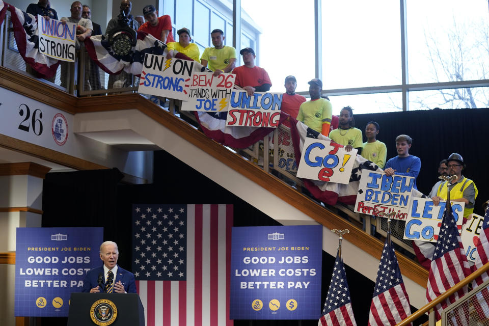 President Joe Biden speaks about the economy to union members at the IBEW Local Union 26, Wednesday, Feb. 15, 2023, in Lanham, Md. (AP Photo/Evan Vucci)