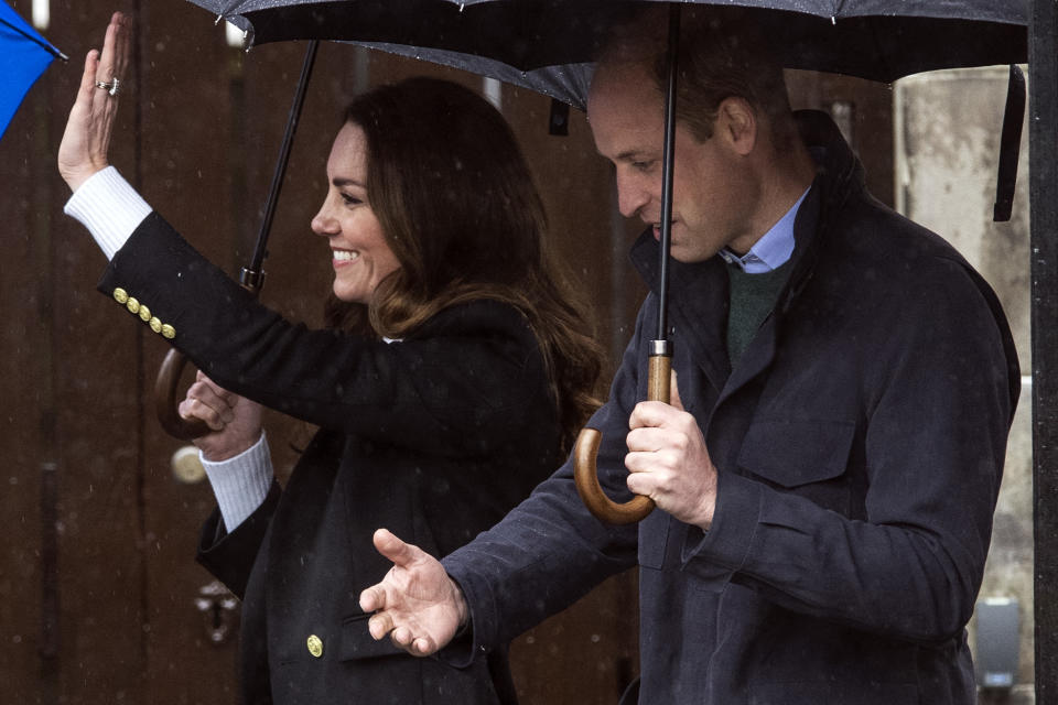 Britain's Catherine, Duchess of Cambridge and Britain's Prince William, Duke of Cambridge arrive to visit the University of St Andrews in St Andrews on May 26, 2021. (Photo by Andy Buchanan / POOL / AFP) (Photo by ANDY BUCHANAN/POOL/AFP via Getty Images)