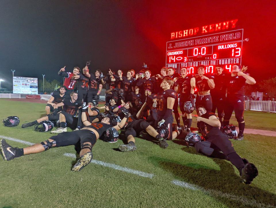 Bishop Kenny players celebrate after defeating Bolles in a high school football game on October 28, 2022. [Clayton Freeman/Florida Times-Union]