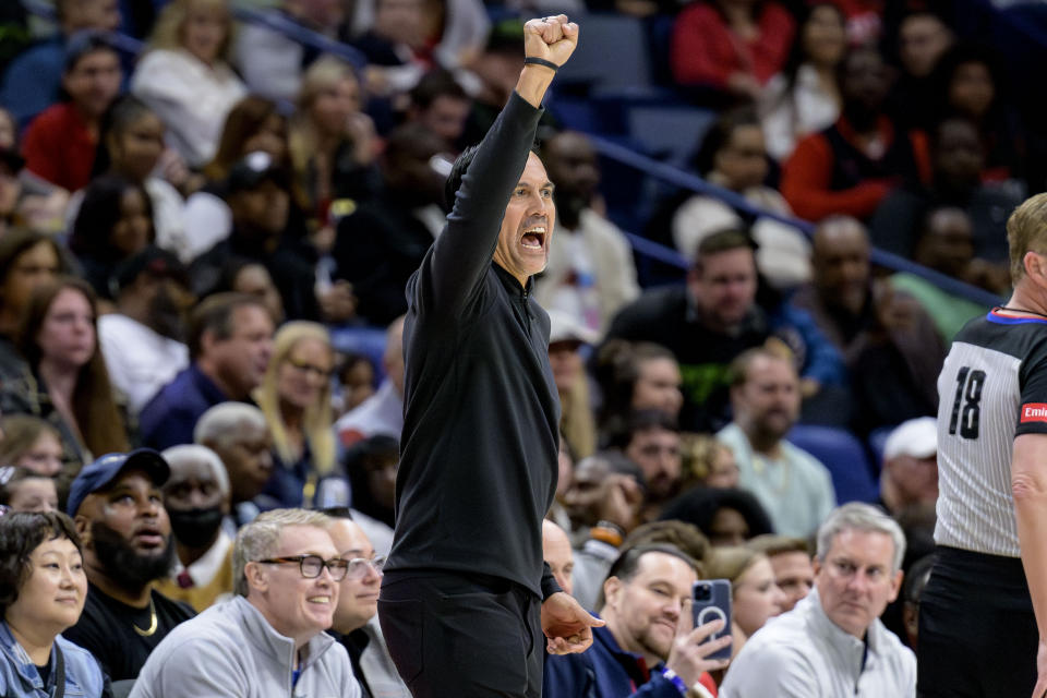 Miami Heat head coach Erik Spoelstra shouts during the first half of an NBA basketball game against the New Orleans Pelicans in New Orleans, Friday, Feb. 23, 2024. (AP Photo/Matthew Hinton)