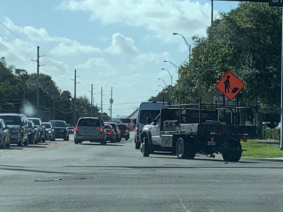 Cars line up heading westbound toward the Alma Lee Loy Bridge from the intersection of State Road A1A and Causeway Boulevard about 4 p.m. Feb. 23, 2022. Construction on temporary repairs is expected to continue until June 2022, but further work will be done beginning in 2023. It could last three years.