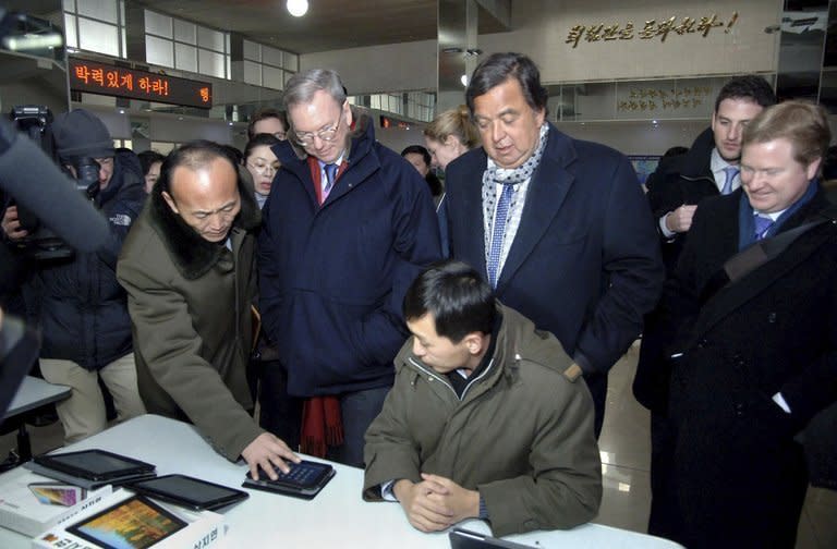 Bill Richardson (C-R) and Eric Schmidt (C-L) at Kim Il Sung University computer center in Pyongyang on Wednesday. Google chairman Eric Schmidt's "private" visit to North Korea raises many questions, not least because he embodies what regimes in Pyongyang have spent decades resisting with all the considerable power at their disposal