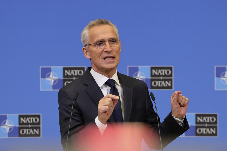 NATO Secretary-General Jens Stoltenberg speaks during a press conference at the NATO headquarters, Wednesday, Nov. 16, 2022 in Brussels. Ambassadors from the 30 NATO nations gathered in Brussels Wednesday for emergency talks after Poland said that a Russian-made missile fell on its territory, killing two people, and U.S. President Joe Biden and his allies promised support for the investigation into the incident. (AP Photo/Olivier Matthys)