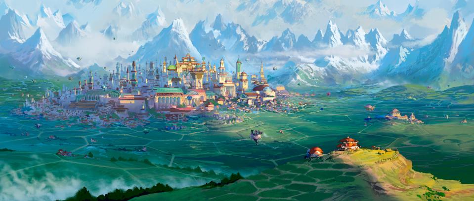 concept art of a vast, lush landscape — a city surrounded first by a series of hexagonal fields, verdant and green, and then by a ring of icy 9mountains