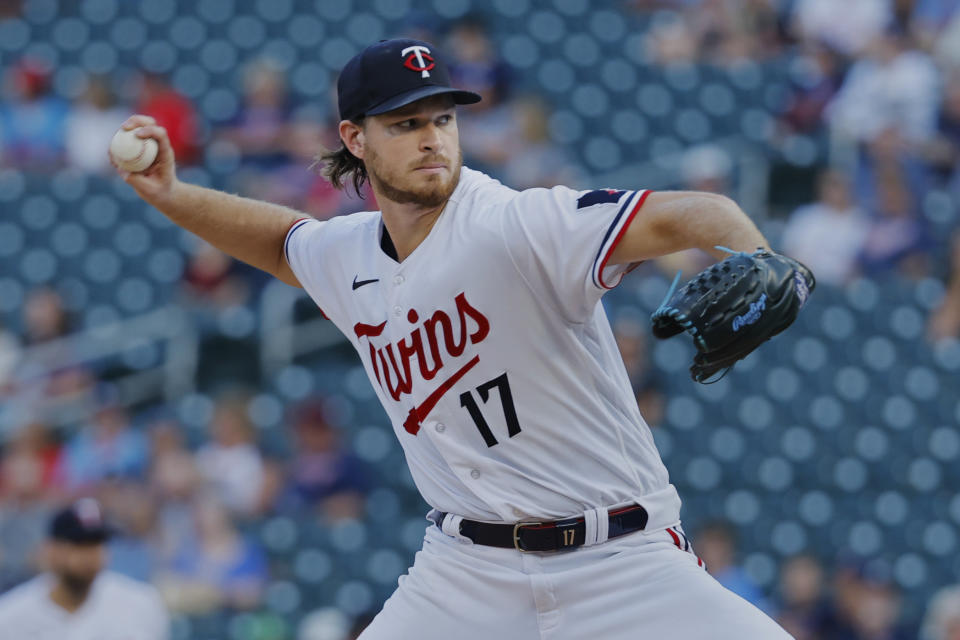 Minnesota Twins starting pitcher Bailey Ober throws to a Detroit Tigers batter during the first inning of a baseball game Tuesday, Aug. 15, 2023, in Minneapolis. (AP Photo/Bruce Kluckhohn)