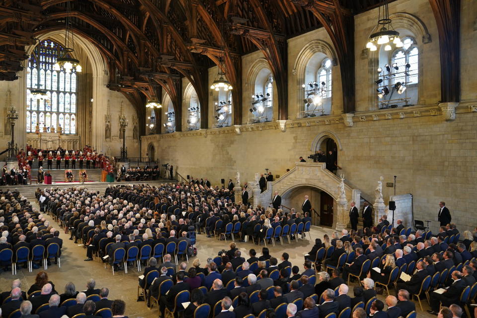 King Charles III and Camilla, the Queen Consort at Westminster Hall, London, where both Houses of Parliament are meeting to express their condolences following the death of Queen Elizabeth II, Monday Sept. 12, 2022. (Joe Giddens/Pool Photo via AP)