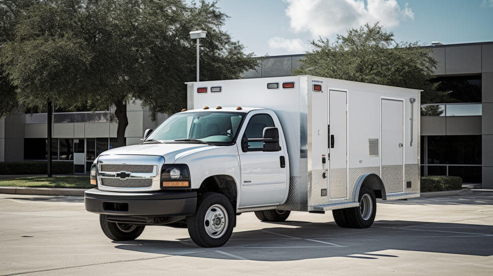 An upfitted commercial work truck parked in a municipal office parking lot.